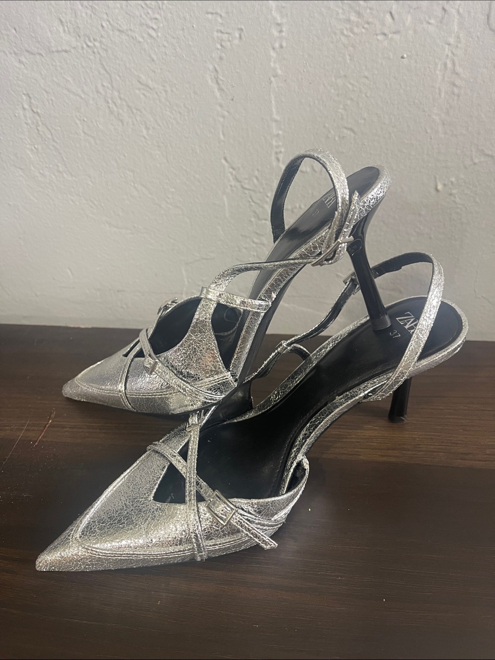 Zara Metallic Silver Pointed Crisscross Slingback Heels